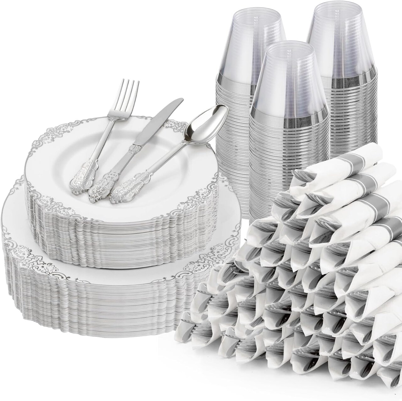 350PCS Silver Disposable Dinnerware Set – Plates, Cutlery, Cups & Napkins for 50 Guests